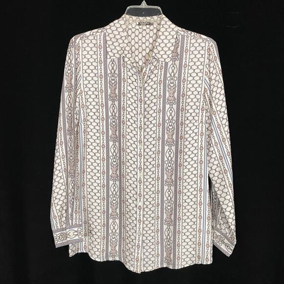J. McLaughlin Silk Button Down Shirt Gray White Royal Scroll Chain Link Print M - Picture 1 of 4